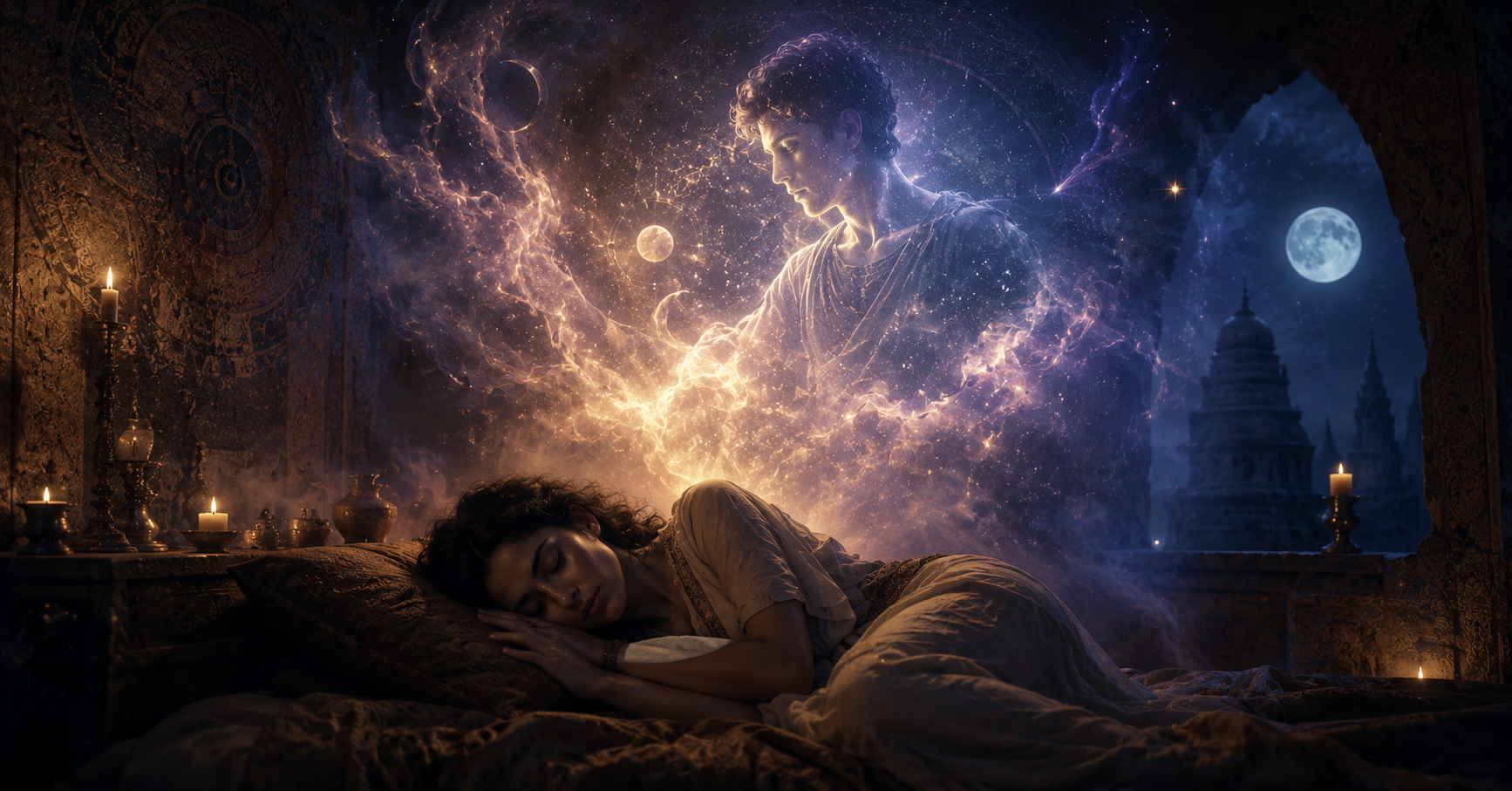 Spiritual dream interpretation image showing a sleeping person in an ancient sacred space, with a glowing ethereal figure above them, surrounded by moonlight, mist, and celestial symbols.
