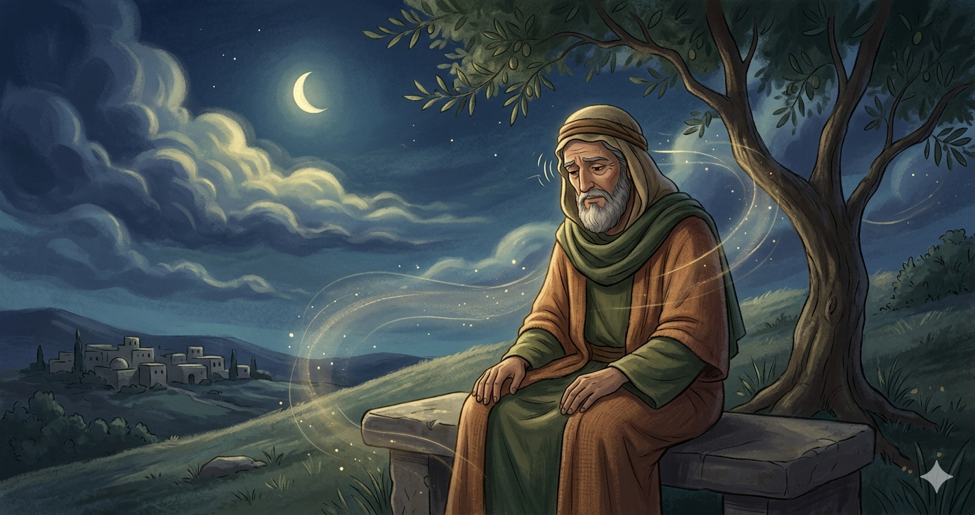 An ancient wise man sitting under an olive tree, symbolizing intuition and spiritual warning signs through an eye twitch.