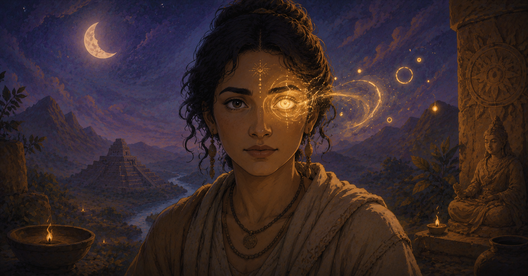 An ancient woman stands in a mystical night scene with her right eye glowing with spiritual energy, surrounded by soft moonlight, sacred particles, and an old-world landscape.