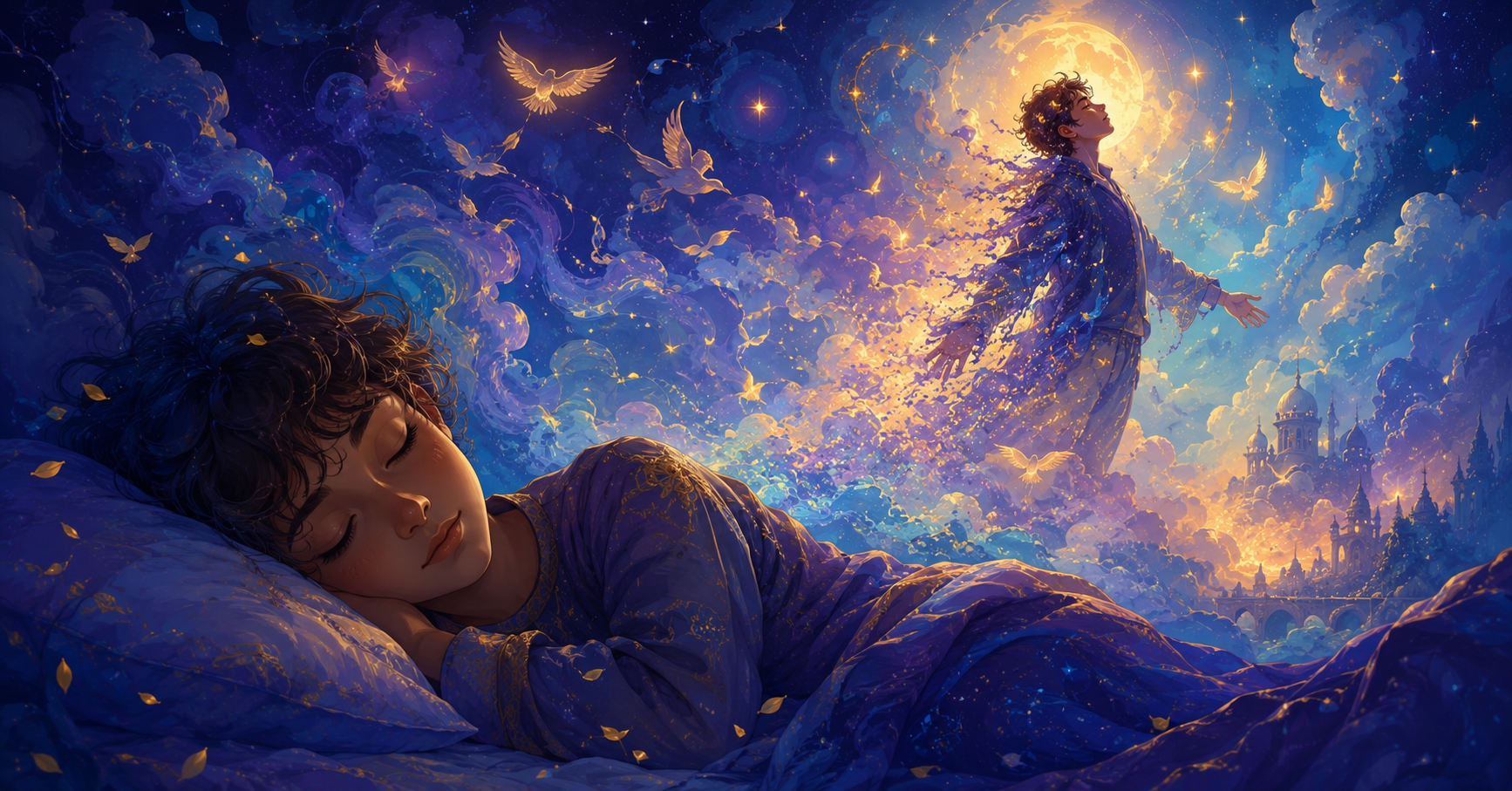 A sleeping dreamer rests in the foreground while a symbolic vision rises above them in a glowing fantasy dreamscape, where a living figure dissolves into stars, mist, and spiritual light under a moonlit sky.