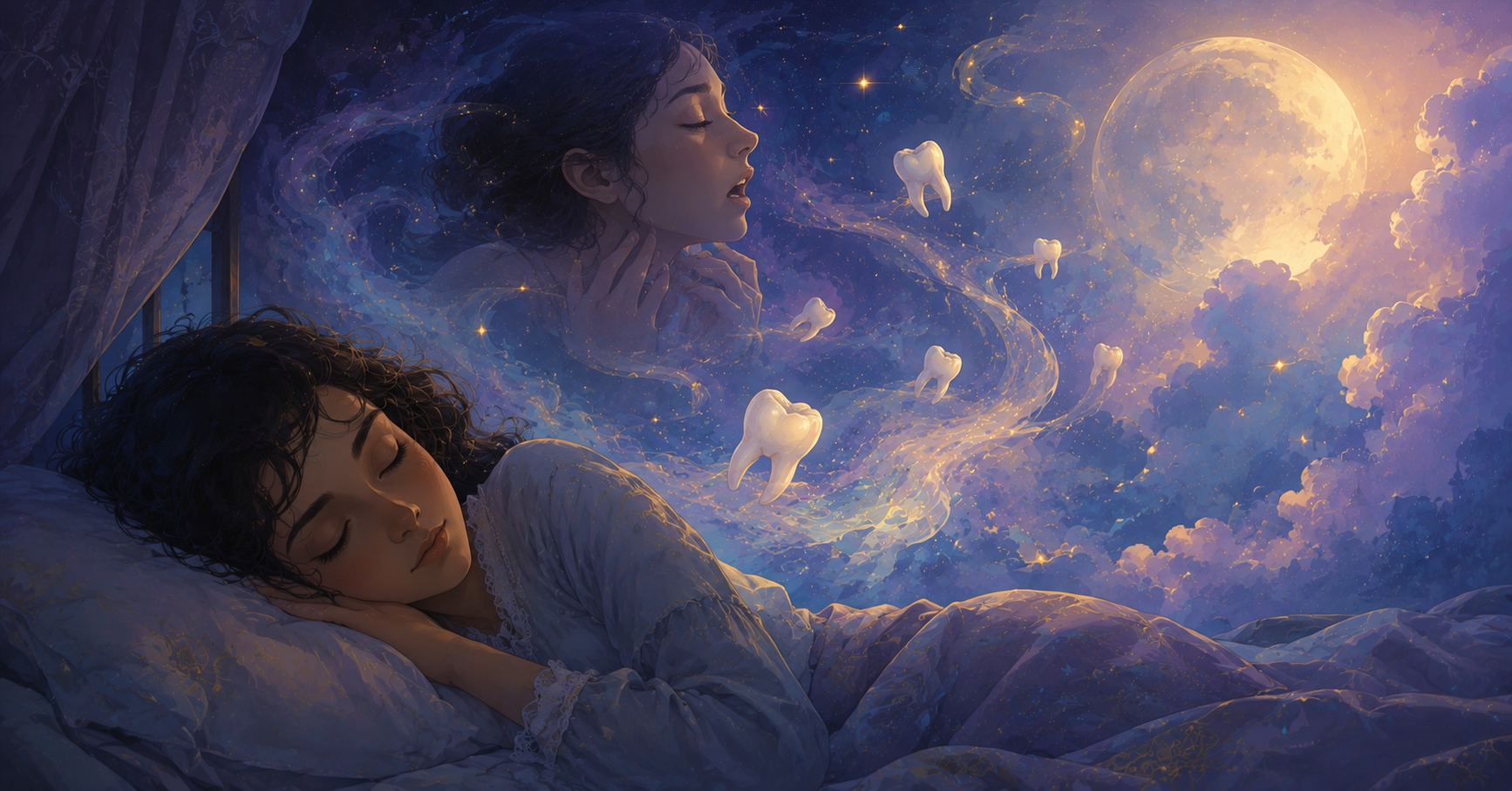 A sleeping dreamer rests in bed beneath a moonlit spiritual vision, while glowing teeth drift into mist, stars, and soft celestial clouds above them.