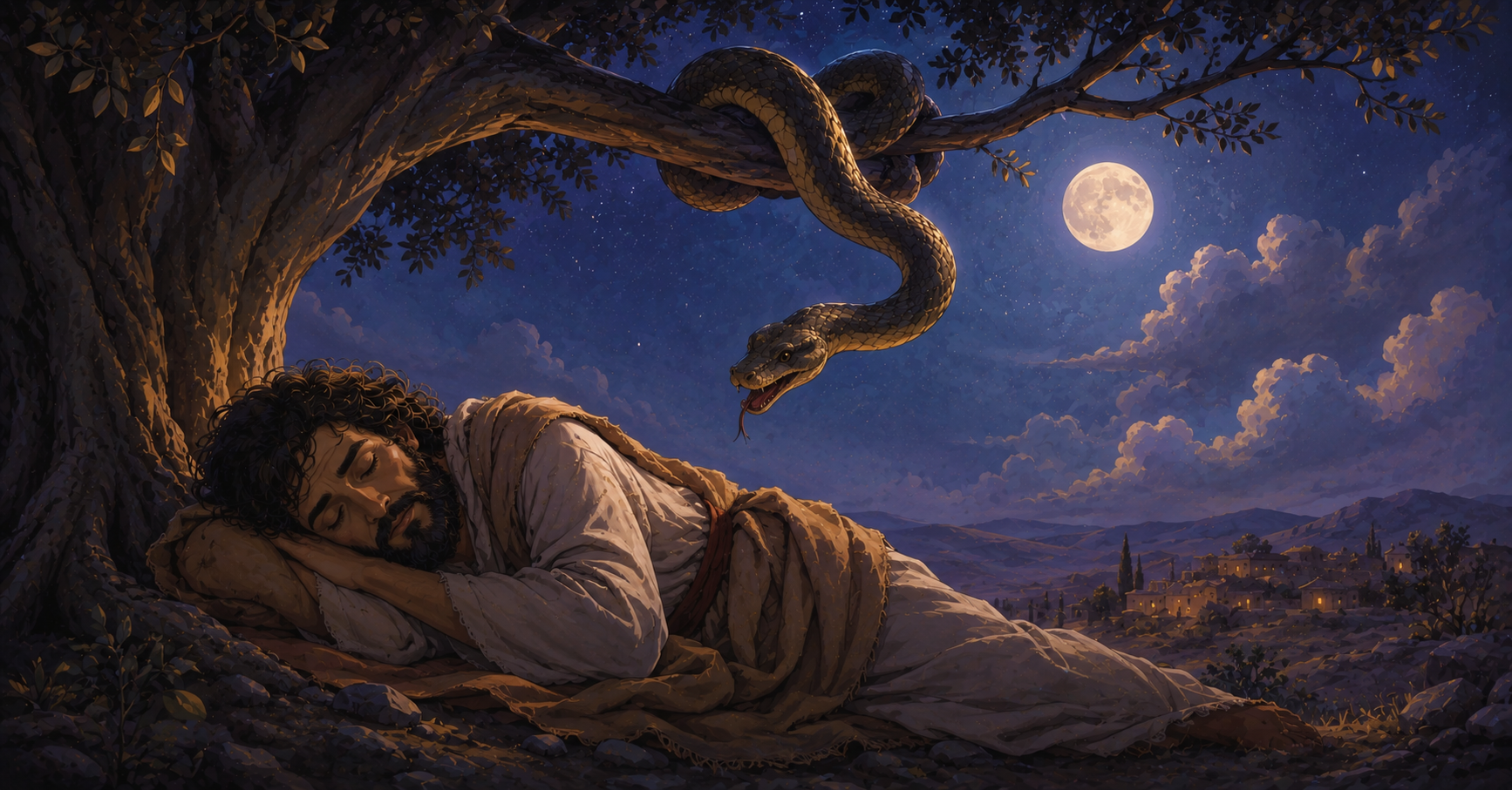 An ancient man sleeps beneath a tree at night while a large snake hangs above him, creating a symbolic biblical dream scene with moonlight, stars, and a quiet desert landscape.