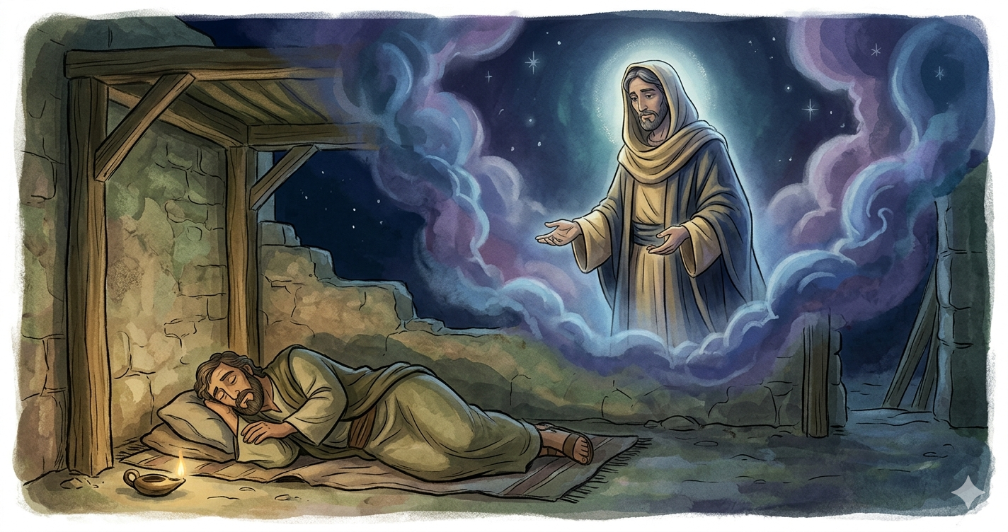 An ancient biblical storybook illustration of a man sleeping peacefully on a floor mat inside a stone shelter with a small oil lamp glowing nearby. Above him, a spiritual dream vision unfolds in the starry night sky, showing a calm, bearded figure in flowing robes surrounded by soft purple clouds and a gentle glowing aura.