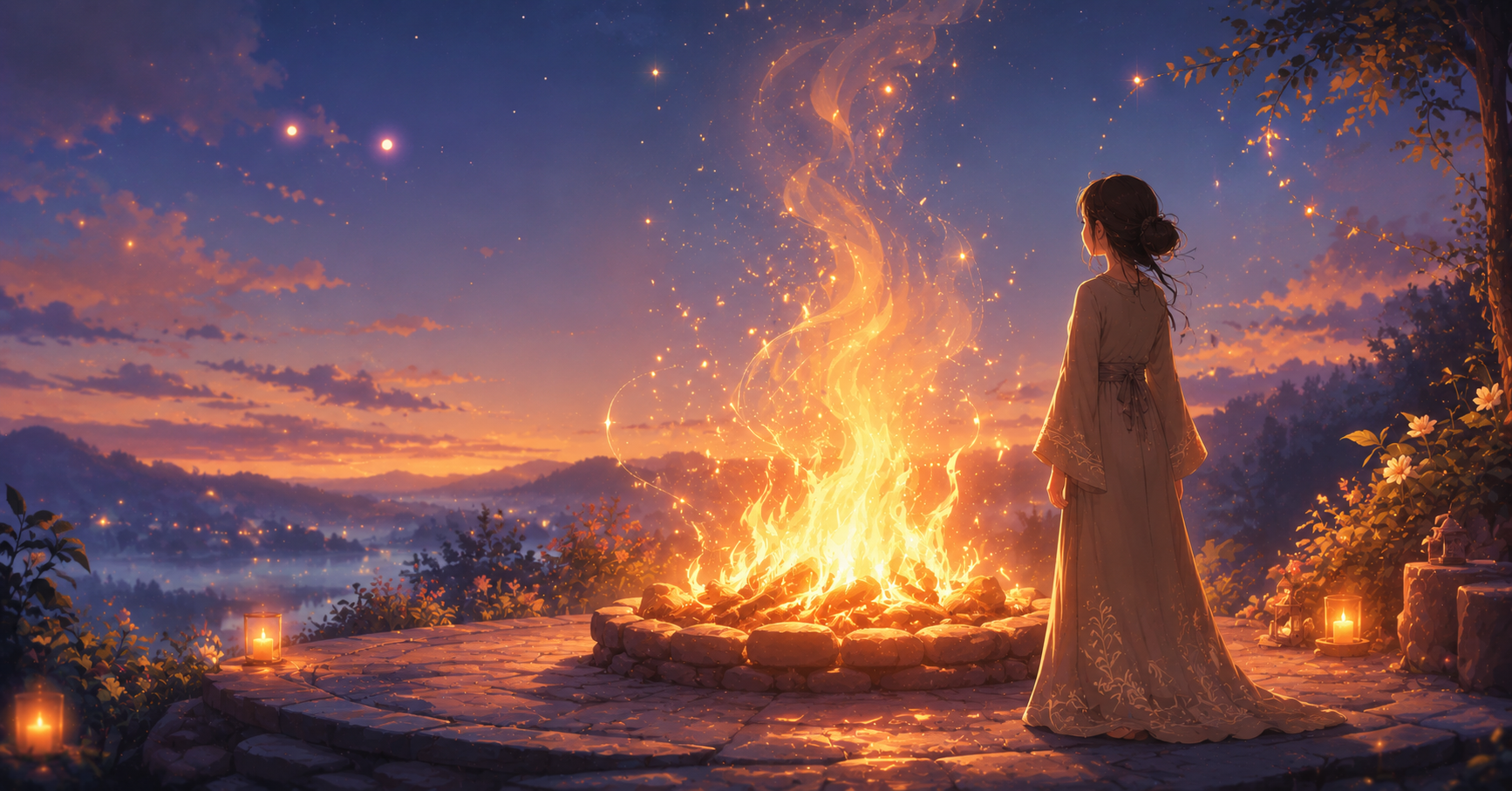 Person standing peacefully before glowing golden flames in a dreamlike scene symbolizing spiritual transformation and renewal.