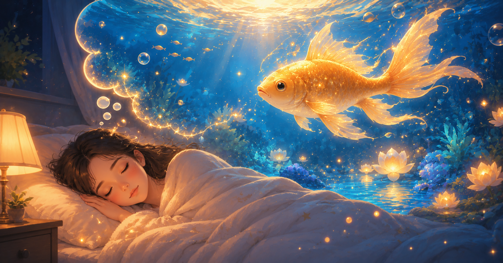 Golden fish swimming through glowing dreamlike water beneath a starry sky, symbolizing abundance, intuition, and spiritual guidance.