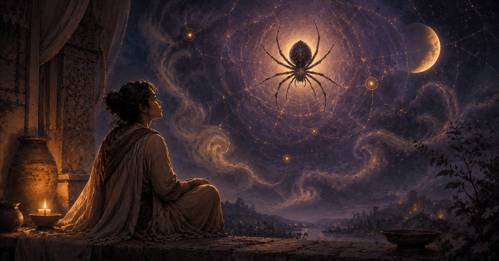 A woman sits in a moonlit ancient chamber while a giant symbolic spider appears above her in a glowing web of gold threads, creating a mystical spiritual dream scene.