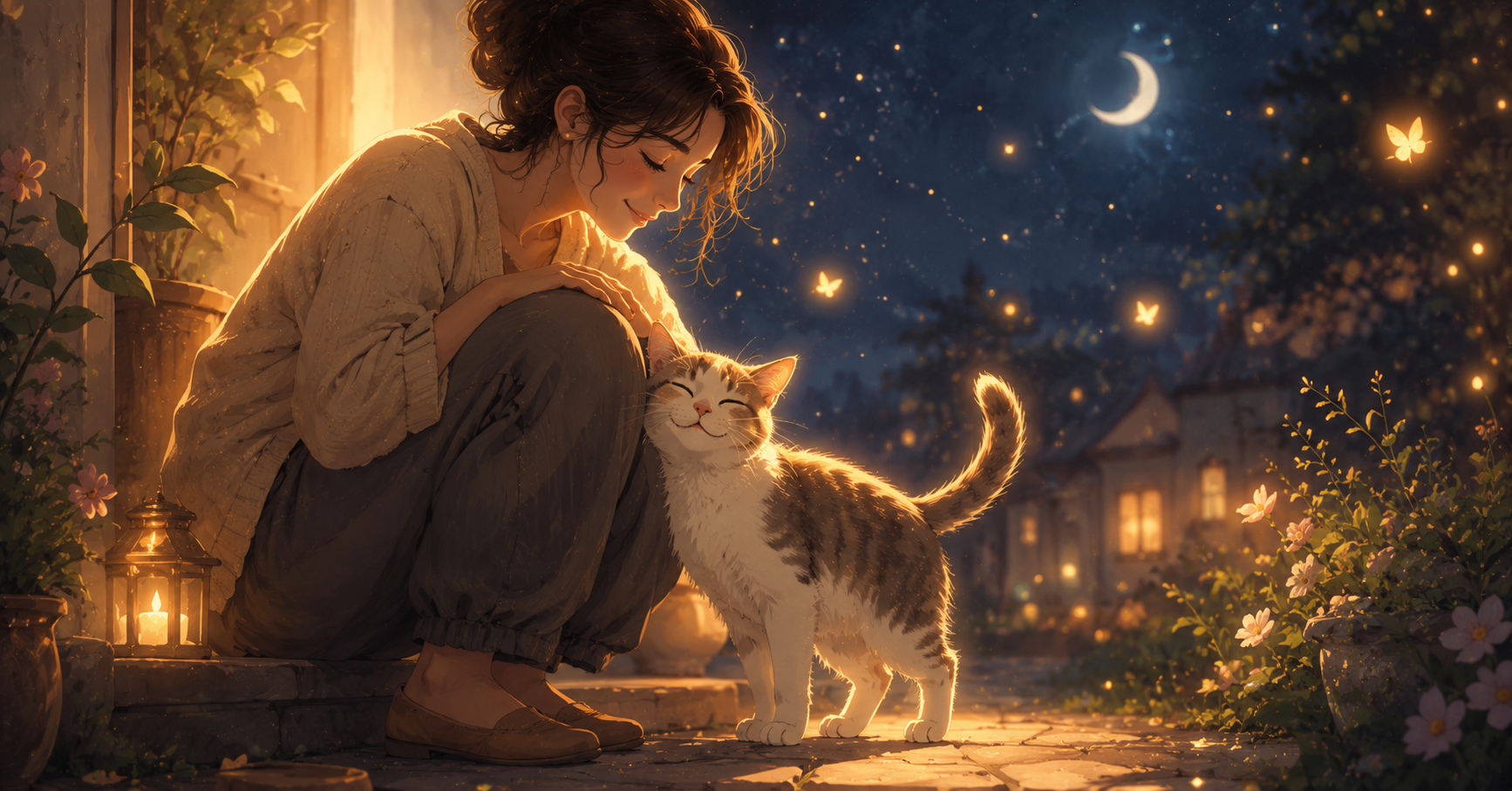 Animated spiritual illustration of a stray cat choosing a person, symbolizing good luck, protection, companionship, and a meaningful spiritual connection.