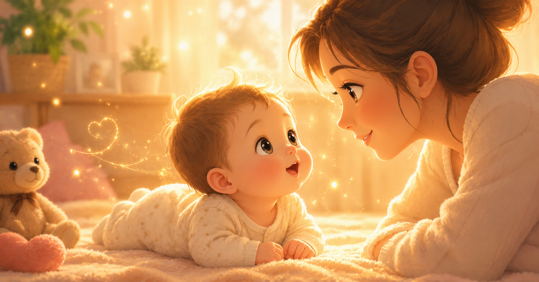 Cute baby gazing curiously at an adult in a warm glowing room with a peaceful spiritual atmosphere.