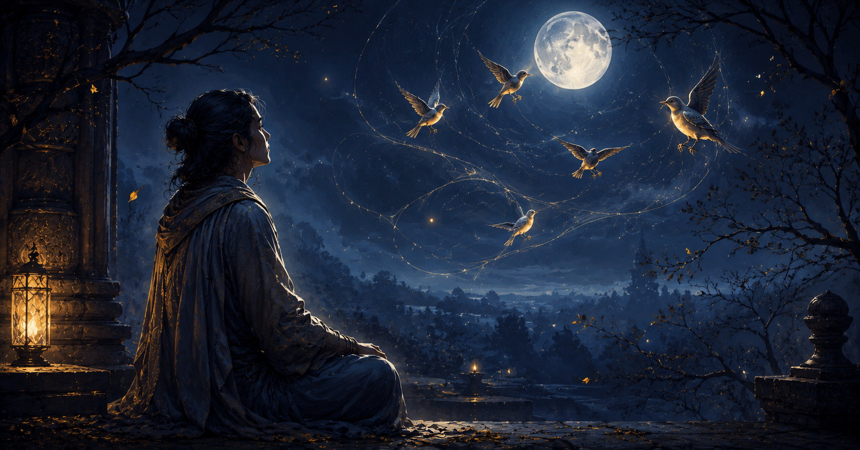 A figure sits in stillness under a moonlit sky while glowing birds circle above, their light suggesting a spiritual message in a quiet ancient courtyard.
