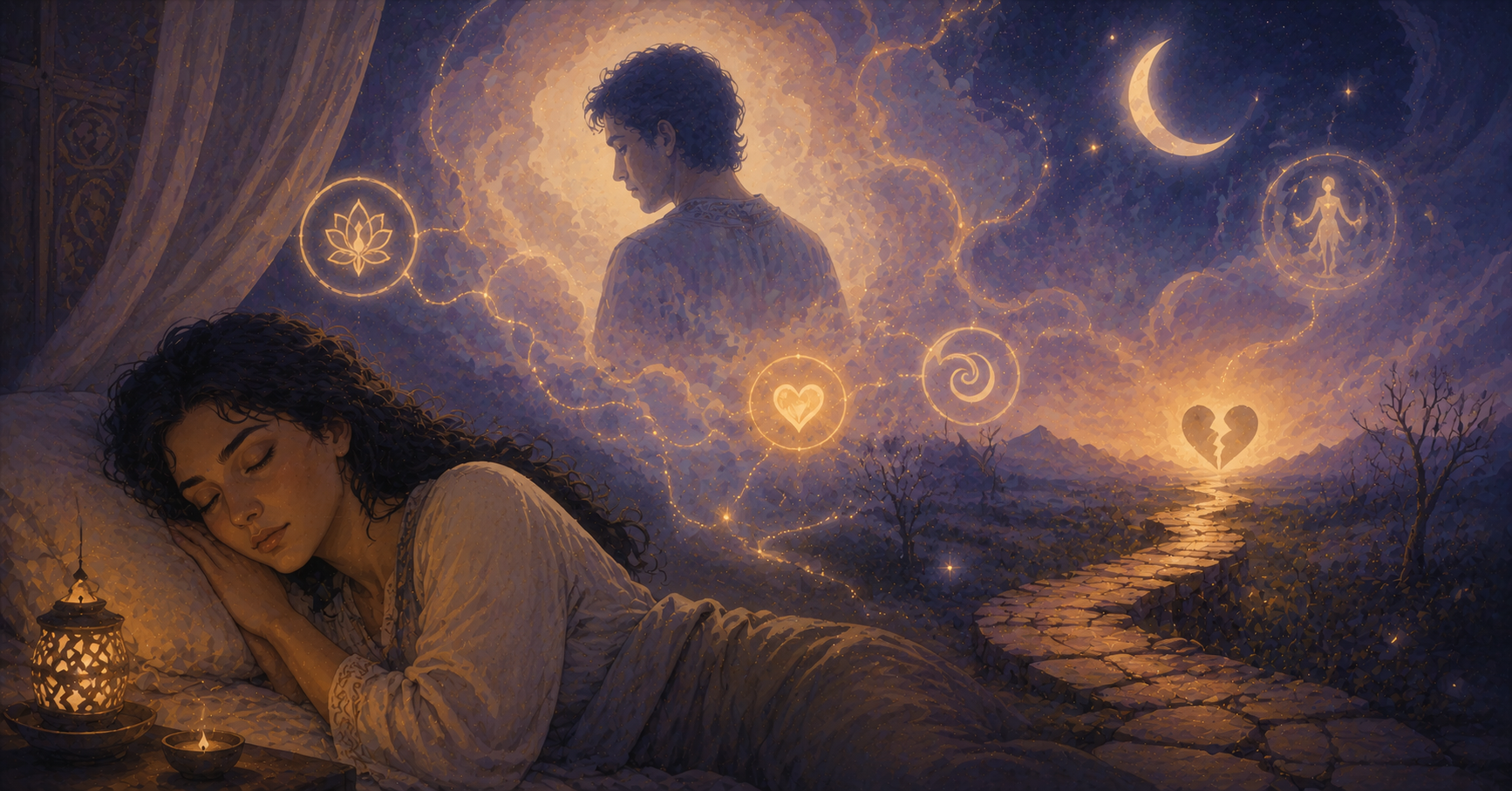 A peaceful woman sleeps in a softly lit room while a dream vision above her shows a fading silhouette of an ex, glowing symbols, moonlight, and a winding spiritual path.