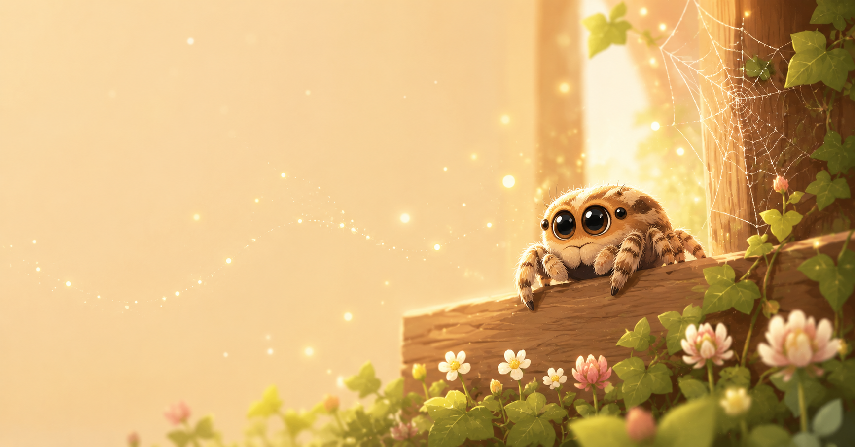 Cute fluffy spider sitting on a wooden ledge in a warm golden glow, surrounded by ivy, tiny flowers, and a delicate spiderweb.