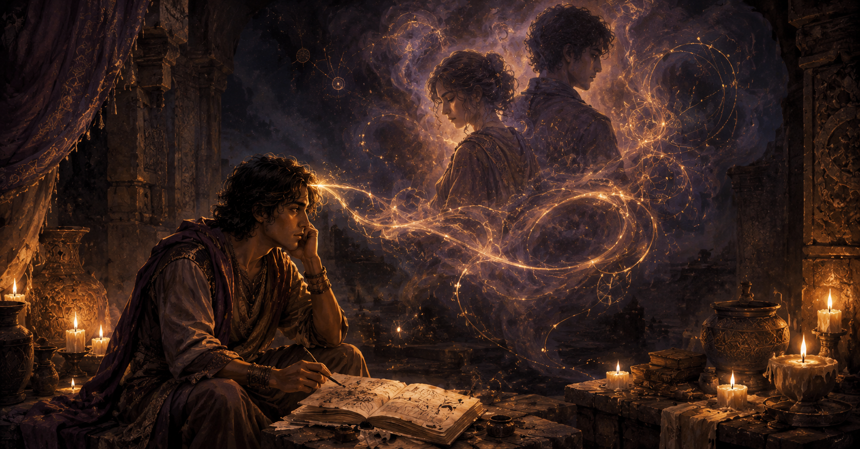 Ancient spiritual seeker contemplating a vision of an ex appearing in mystical smoke and glowing memory threads inside a candlelit stone chamber.