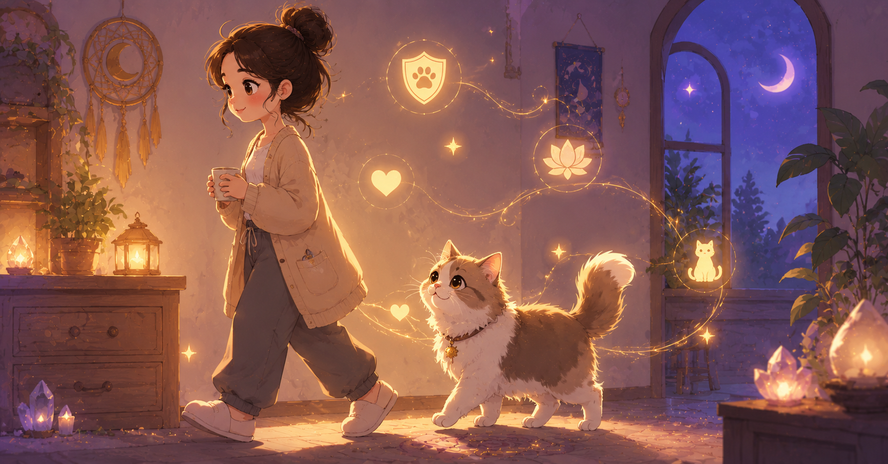 A fluffy cat follows a person through a cozy glowing room, symbolizing spiritual loyalty, companionship, protection, and a strong bond.