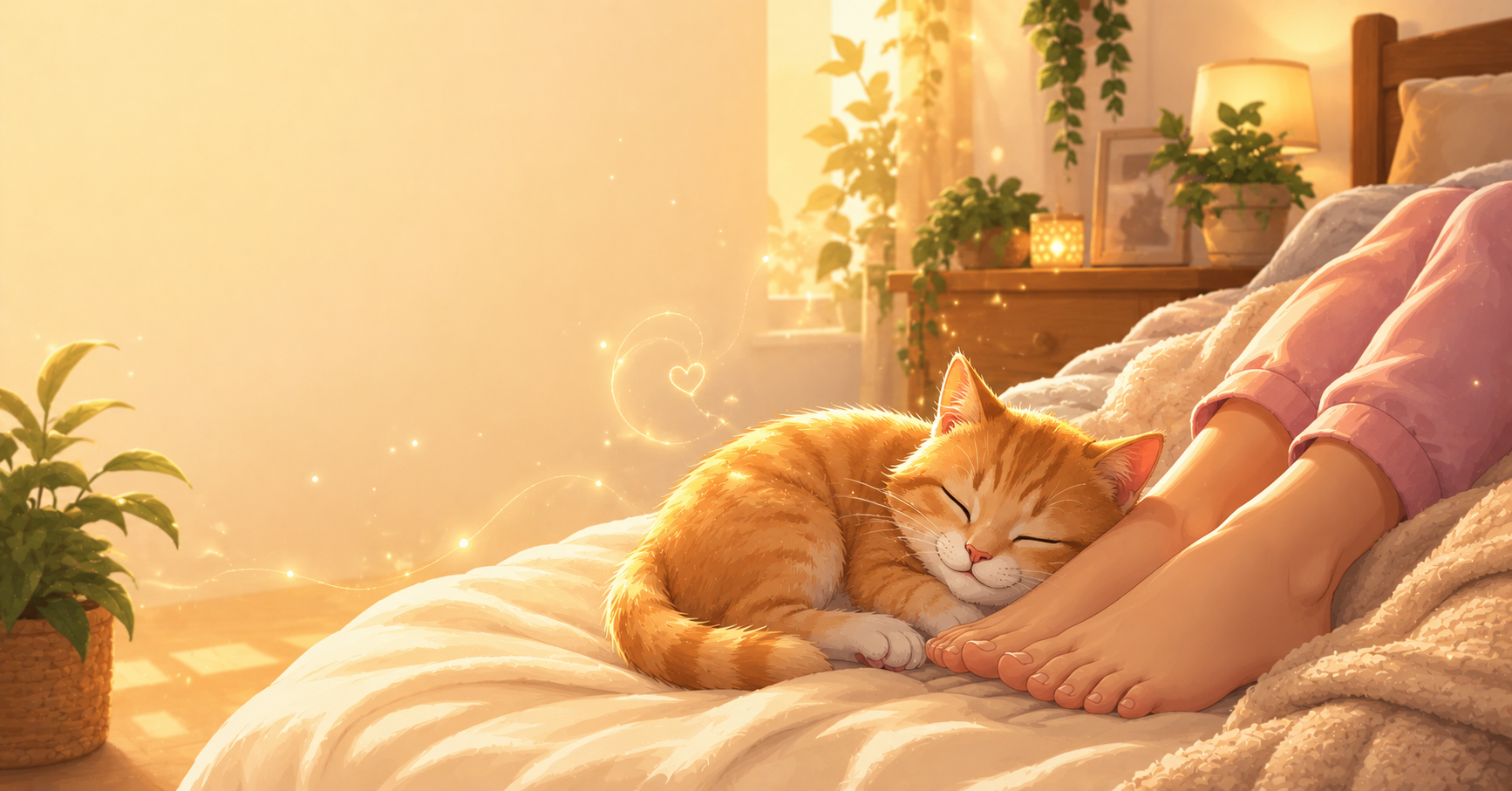 Cute cat sleeping peacefully at its owner's feet on a cozy bed with warm golden light and a calm spiritual atmosphere.