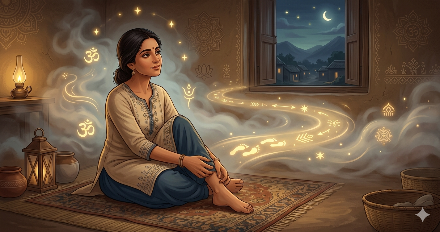 An elegant animated illustration of a thoughtful woman in a traditional room touching her itching left foot, with glowing spiritual symbols and a faint golden path floating out the window.