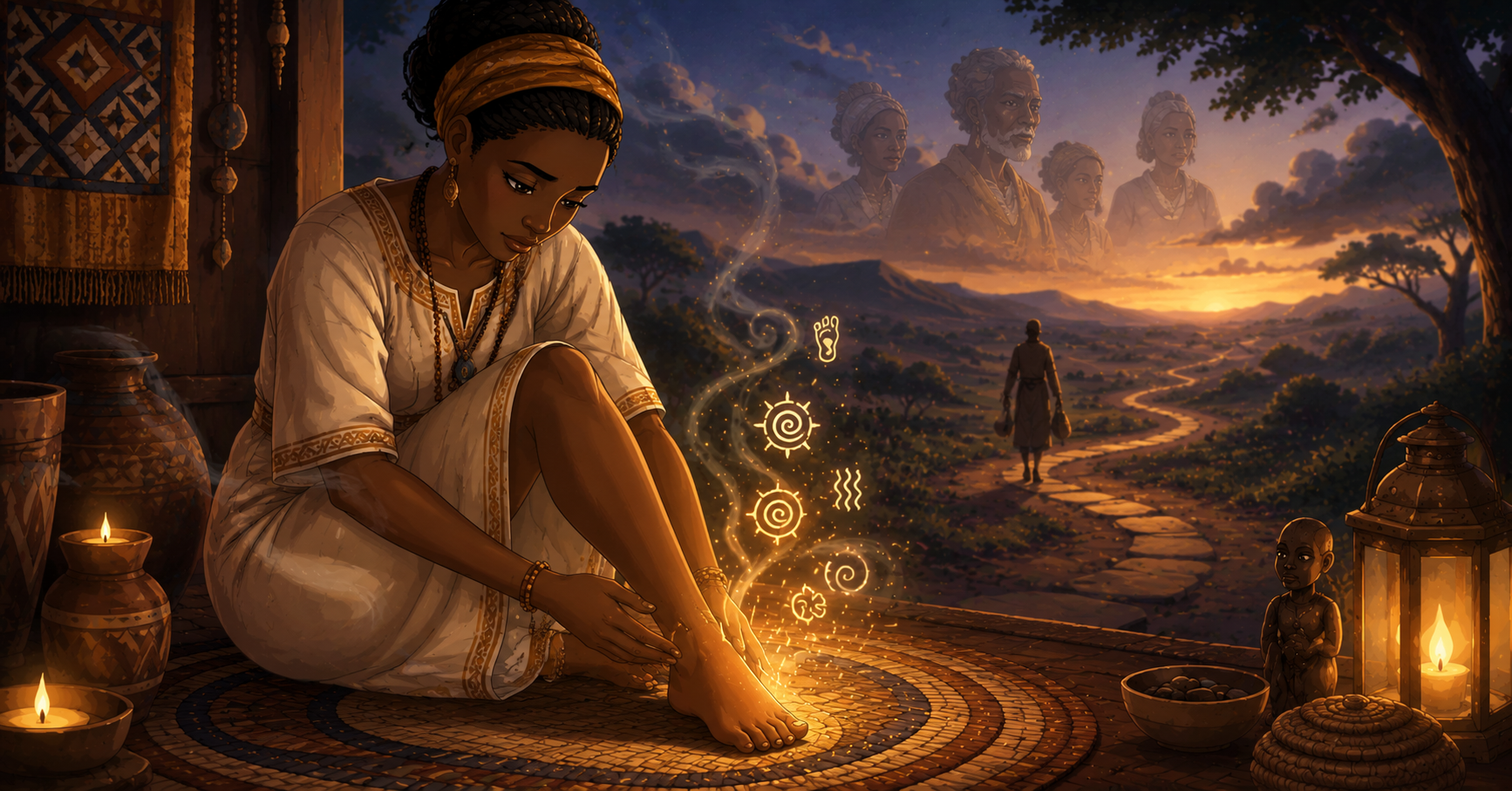 Animated spiritual illustration of a calm person in a modest traditional setting gently touching the right foot, with glowing symbols, soft mist, ancestral patterns, and a faint journey path in the background, in warm earthy tones with a sacred mystical atmosphere.