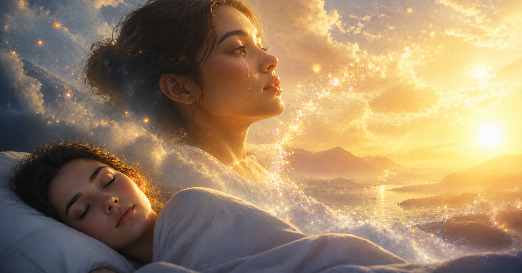 Sleeping person dreaming of a glowing tear transforming into light, symbolizing emotional healing, spiritual renewal, and inner peace.