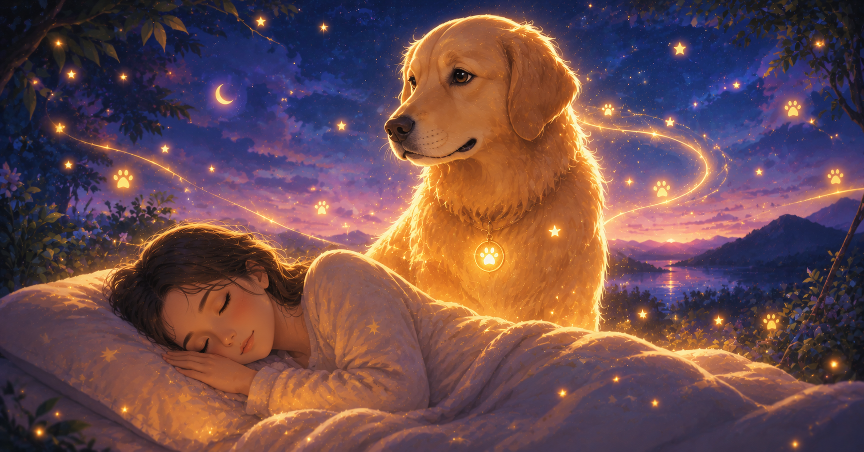 Sleeping person dreaming of a glowing golden dog standing protectively beside them under a starry sky, symbolizing spiritual guidance, loyalty, and protection.