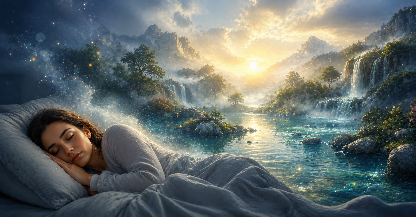 Sleeping person dreaming of calm glowing water, symbolizing emotional healing, spiritual cleansing, intuition, and inner peace.
