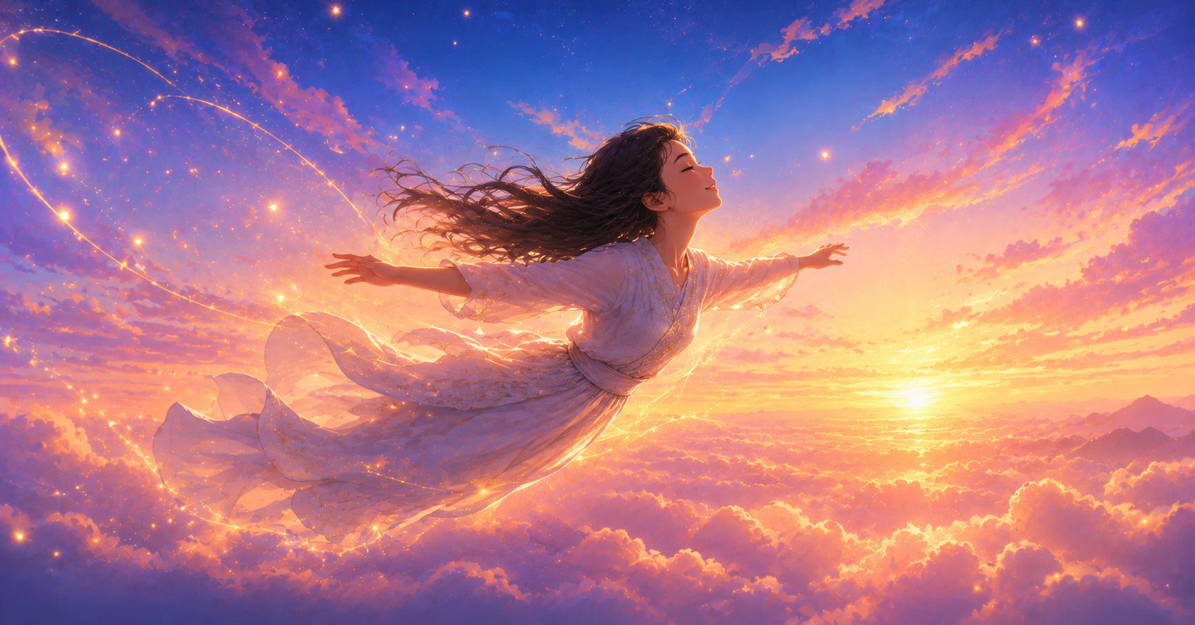 Person flying peacefully through glowing clouds in a dream, symbolizing spiritual freedom, higher consciousness, and personal transformation.
