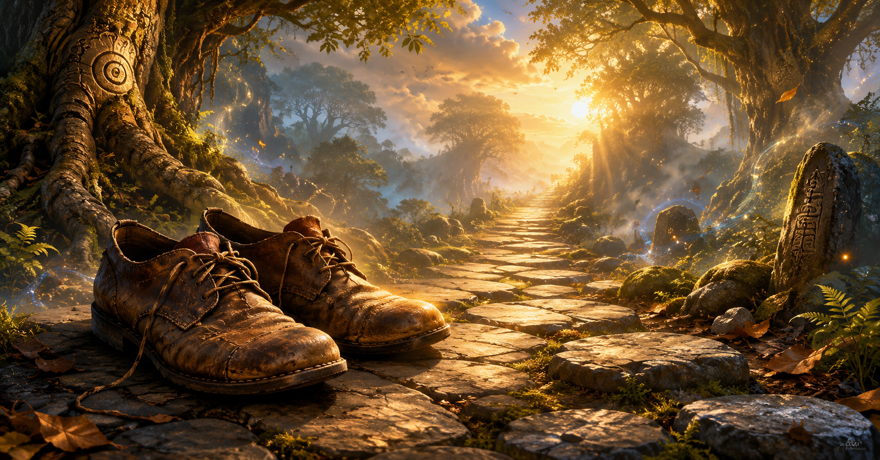 Ancient shoes resting on a mystical forest path symbolizing the spiritual meaning of shoes in a dream.